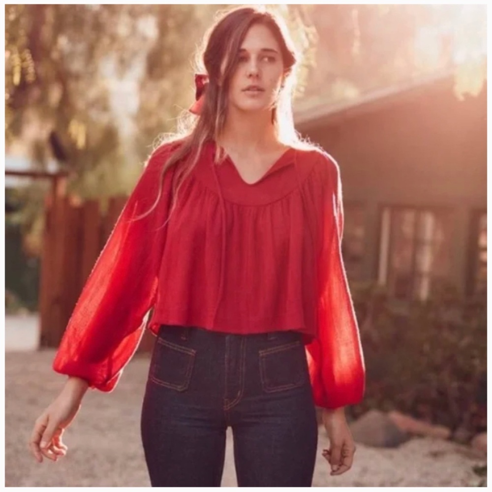 Christy Dawn Sophie Red Peasant Blouse Top Cropped Balloon Sleeve Tie Neck